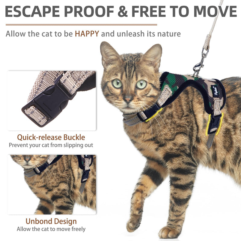 PUPTECK Cat Harness and Leash Set Escape Proof, Reflective Adjustable Soft Mesh Kitten Vest Harness for Walking Travel, Camouflage, S Small - PawsPlanet Australia