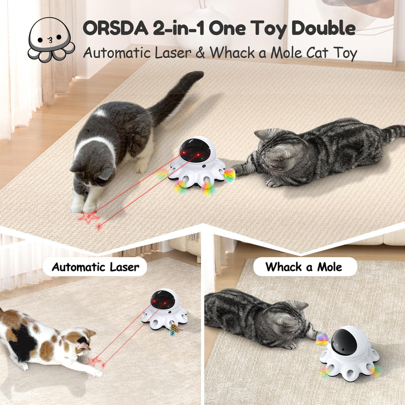 ORSDA Cat Laser Toy, 2-in-1 Interactive Cat Toys for Indoor Cats, Automatic Laser Pointer Cat Toy, 8 Holes Mice Whack A Mole Moving Feather, USB Rechargeable Electronic Kitten Toys for All Breeds Cool Black