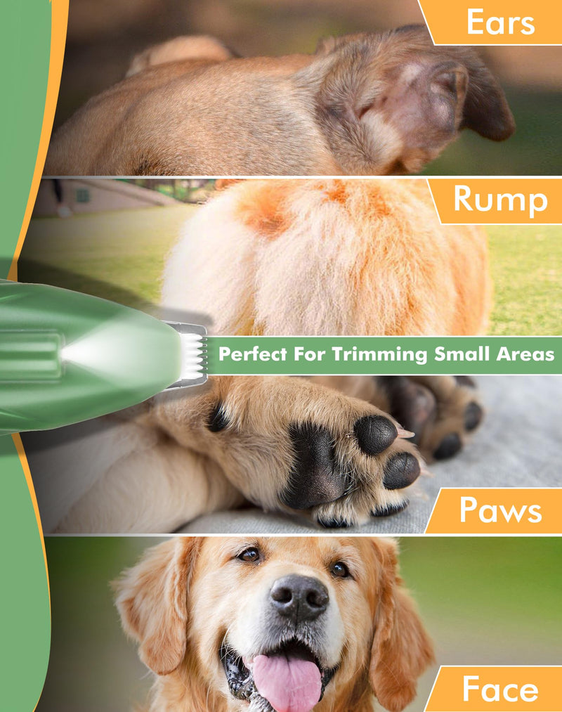 Dog Clippers for Grooming, Cordless Dog Grooming Kit for Small Dogs with LED Light, Rechargeable Low Noise Cat Hair Trimmer for Grooming Pet Hair Around Paws, Eyes, Ears, Face, Rump (Green) Green - PawsPlanet Australia