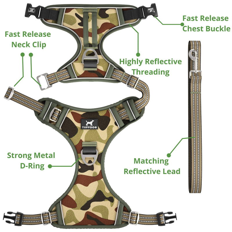 Easy-Fit Dog Harness Small - Fast Release Neck Clip, Premium Padded Reflective No Pull Harness with Control Handle, Adjustable Step-in Dog Vest Plus Free Matching Lead (S, Jungle Camo) - PawsPlanet Australia