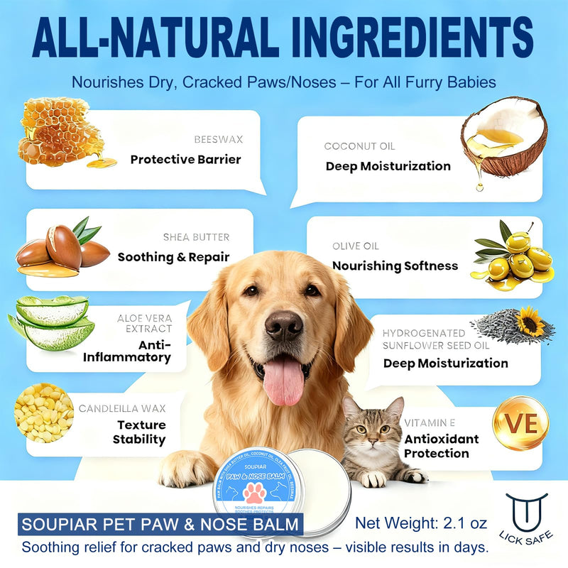 Vet-Approved Dog Paw Balm & Nose Butter 2.1oz - Lick-Safe All-Natural Moisturizer with Coconut Oil, Nourishes Dry Paws & Noses, Protects Against Hot Pavement & Winter Cold for Dogs, Cats & Horses - PawsPlanet Australia