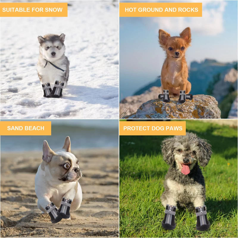Dog Shoes for Small Dogs, Puppy Dog Boots & Paw Protector for Winter Snow Day, Summer Hot Pavement, Waterproof in Rain Weather, Ourdoor Hiking, Indoor Hardfloors with Anti Slip Sole 4PCS/Set Black-Grey #2 (width 1.29 inch) for 6.5-10 lbs