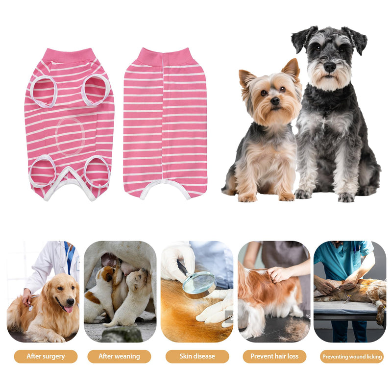 Striped Dog Surgery Suit - Soft Cotton Recovery Body Suit After Surgery, Wound Protection, Easy to Wear, Pink L