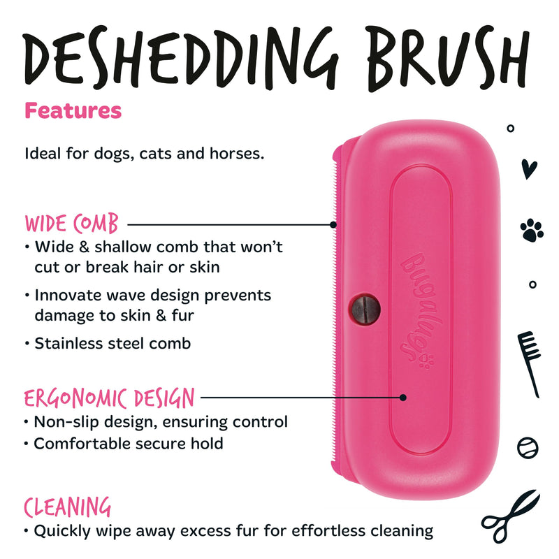 Bugalugs Deshedding Brush for Dogs, Cats, Horses - Pet Grooming Tool that is Gentle & Effective With Wide Shallow Comb, Smooth Groomer for Dog, Cat and Horse Pink