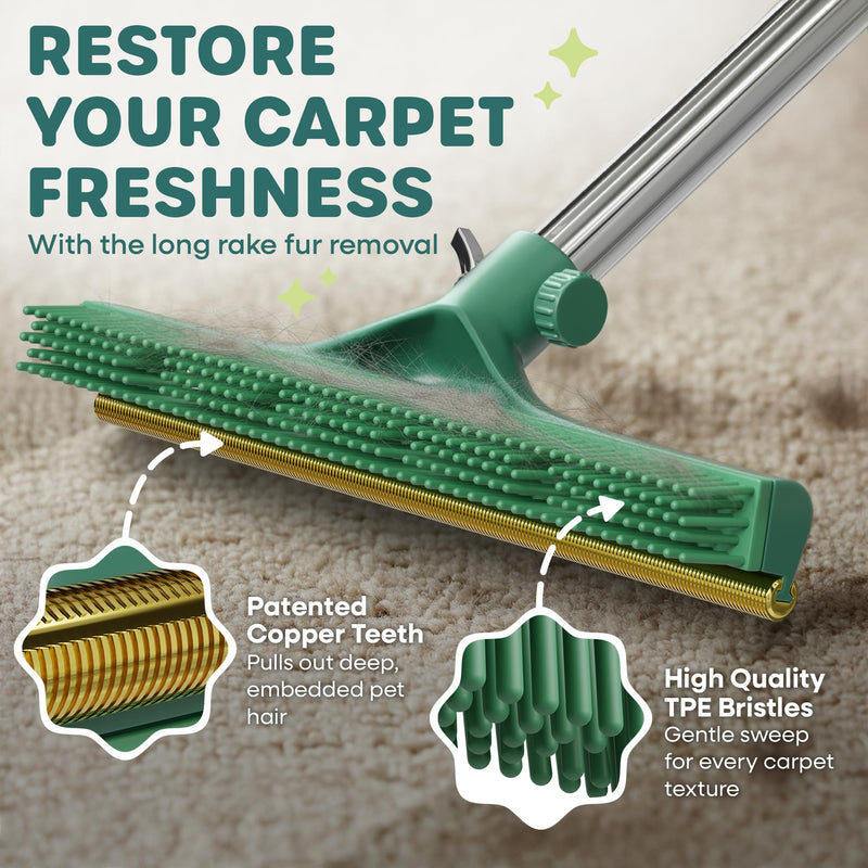 Carpet Rake for Pet Hair Removal, 60” Long Handle – Heavy-Duty Pet Hair Remover for Carpets, Rugs & Mats Cat Dog Fur Rakes Scraper Carpet Broom for Carpets with Copper Teeths - PawsPlanet Australia