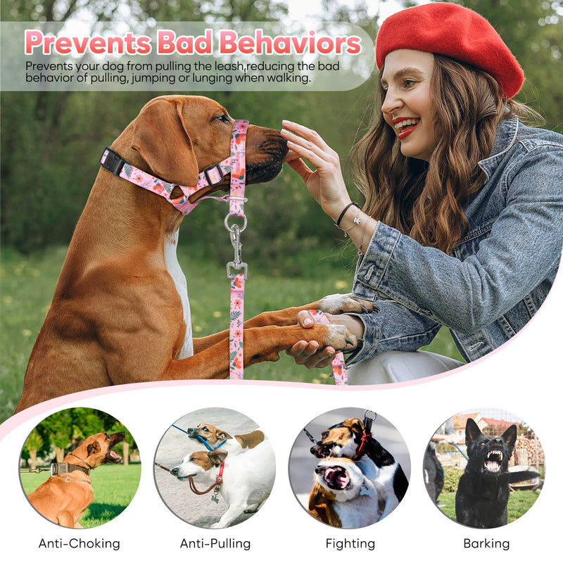 Dog Head Collar, Printed No-Pull Headcollar, Adjustable Dog Head Halter Gentle Lead with Safety Link, 3 Colors Muzzle Leash for Small Medium Large X-Large Dogs Easy Walks (Small, Mimosa) - PawsPlanet Australia
