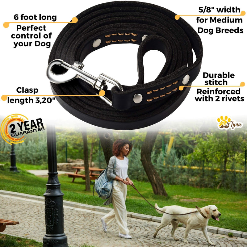ADITYNA - Premium Leather Dog Leash - 6 ft, Heavy-Duty, Soft & Strong for Small/Medium Dogs (Medium: 6 ft x 5/8", Black) Medium: 6 ft x 5/8" - PawsPlanet Australia