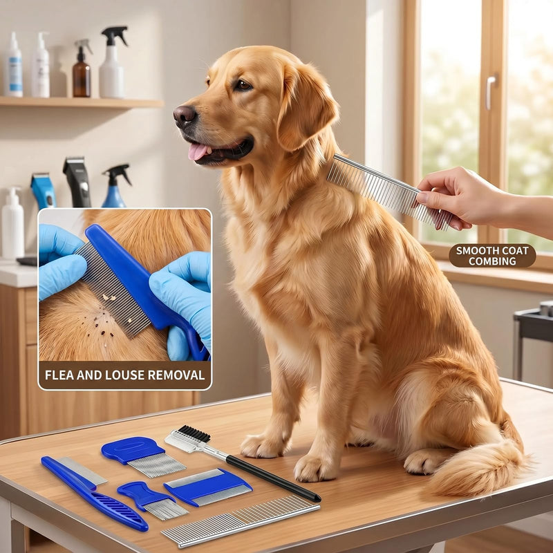 7 Pack Flea Comb, Stainless Steel Pet Professional Double Sided Tear Stain Remover, Dog Cat Grooming Combs with Rounded Tooth, Dematting Tool for All Types of Small, Medium, Large Pets