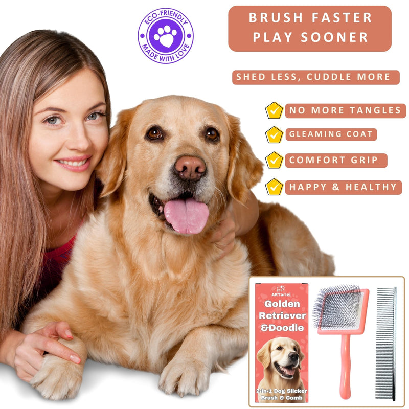 2-in-1 Dog Slicker Brush & Comb for Golden Retriever & Doodle - Easy Detangling & Deshedding, Tailored for Matted Coats of Long Curly Haired Doodle Mixes - Effortless Tangle-Free Grooming Large Coral - PawsPlanet Australia