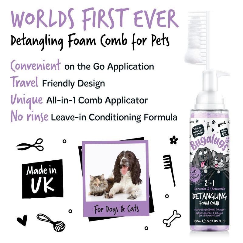 Bugalugs Pet Detangler Foam Comb - leave In conditioner spray for de matting. No tangles. Professional dog grooming formula with Wheat protein. Dog Detangler Spray knot removal (Lavender & Chamomile) Lavender & Chamomile