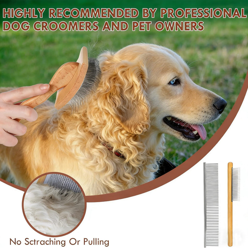 Slicker Brush for Dogs, Large Long Pin Dog Grooming Brush for Doodles Goldendoodles Poodles Labradoodle Bernedoodles, 3 Pcs Wooden Handle for Mats Tangles - Wood - PawsPlanet Australia