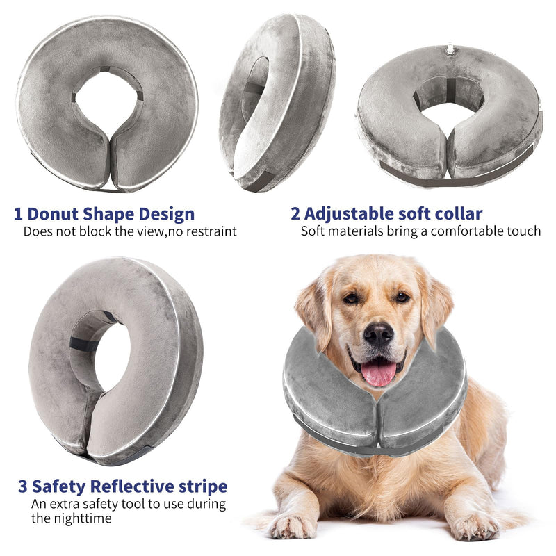 Inflatable Reflective Dog Cone Collar Alternative After Surgery,Doggie Recovery Dount Neck Ecollar,Adjustable Soft Dog Cone Collar for Small Medium Large Dogs (Grey, M) Grey Medium（10.5"-13"）