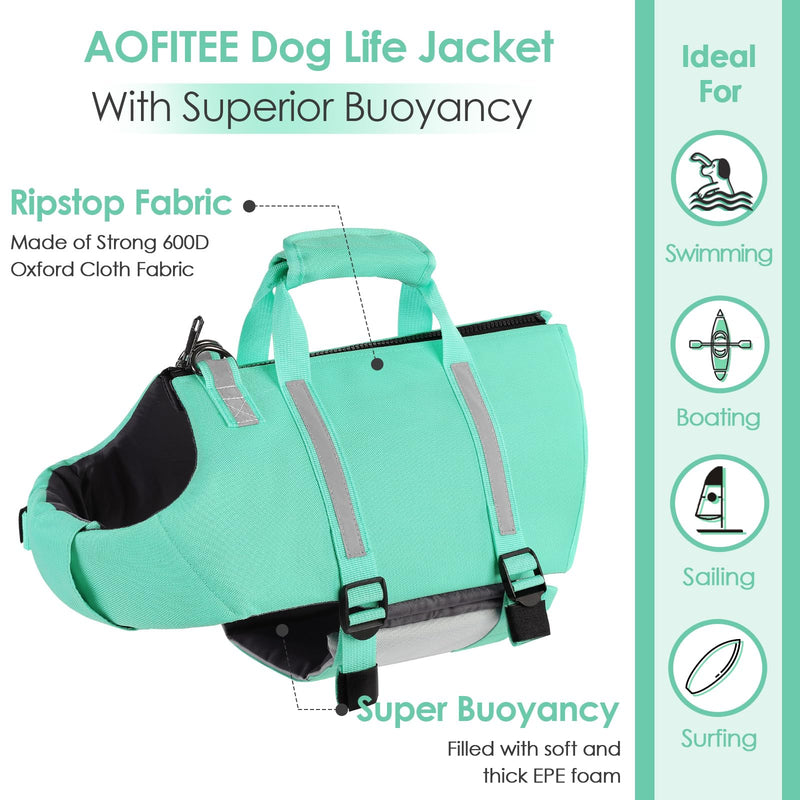 AOFITEE Dog Life Jacket, Dog Life Vest for Swimming with High Flotation, Small Dog Swimsuit Lifejacket with Rescue Handle and Zipper, Reflective Dog Swimming Vest for Small Medium and Large Dogs, S PeacockGreen - PawsPlanet Australia