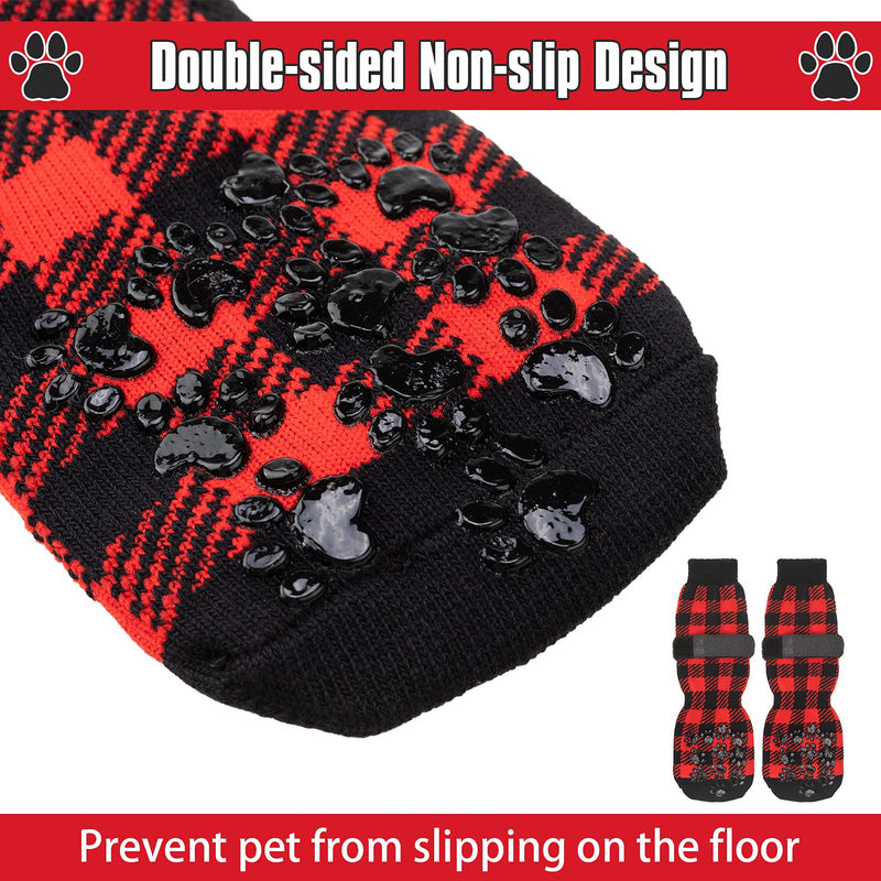 BINGPET Warm Non-Slip Dog Socks for Winter Cold Weather, Classic Plaid Soft Pet Paw Protector with Adjustable Straps and Double-Sided Anti-Slip Paw Patterns, Better Control on Wooden Floor Red Small - PawsPlanet Australia