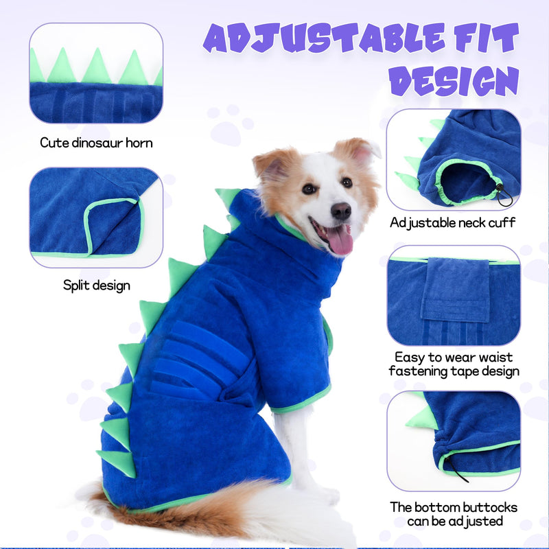 Super Absorbent Dog Bathrobe, Microfiber Bath Robe Towel for Fast Drying, Cozy Fit, Adjustable Belly Strap, Unique Dinosaur Design Dog Drying Coat for Bath, Rainy Walks & Cold Weather Blue, Green edging XX-Large - PawsPlanet Australia