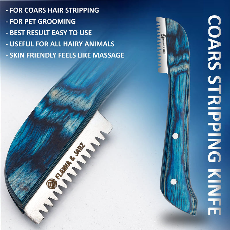 FLAMIA & JABZ FJ Professional Stripping Knife kit (6 pieces set) for Dogs & Pets, Wooden Handle Grip with Stainless Steel Blade (Right handed) (Blue) Blue - PawsPlanet Australia