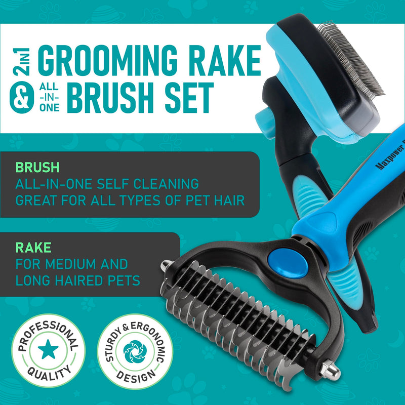 Maxpower Planet Dog Rake and Dog Hair Brush - Gently Removes Loose Undercoat, Mats and Tangled - Deshedding Grooming Tool for Dogs & Cats - Self Cleaning Slicker Brush - All Hair Types A - Rake & Brush (Best Value) - PawsPlanet Australia
