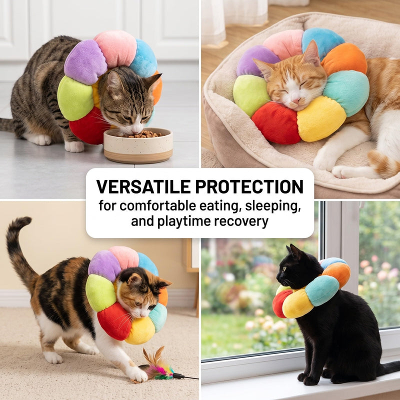 Cat neck brace size S, lick protection for cats, sunflower design for small dogs and cats, adjustable cat collar for post-surgery, multicolored