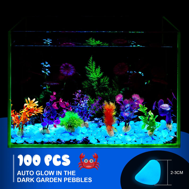 Jexine 100 Pcs Fish Tank Rocks Glow Blue, Fish Tank Stones Accessories Gravel with 10 Pack Artificial Aquatic Plants Fish Tank Plants Plastic Coral Reef Decorations for Aquariums - PawsPlanet Australia
