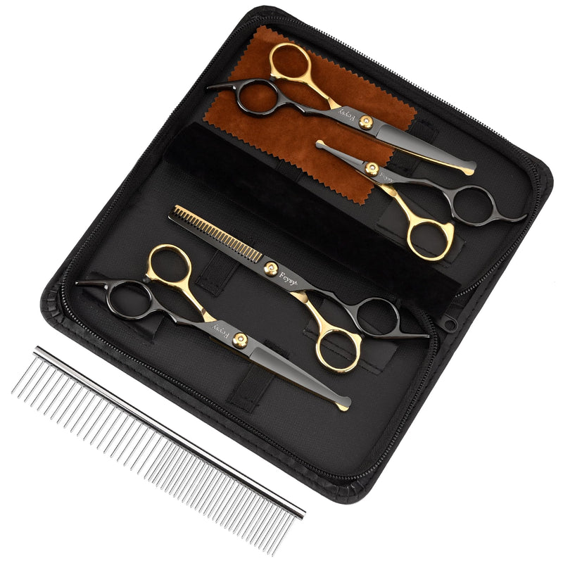 Dog Grooming Scissors Kit, Fcysy Professional Pet Shears for Cats at Home, Dog Grooming Tools with Curved & Straight Blades Scissors Thinning Shears Pet Supply Set Gold 7 Pcs - PawsPlanet Australia
