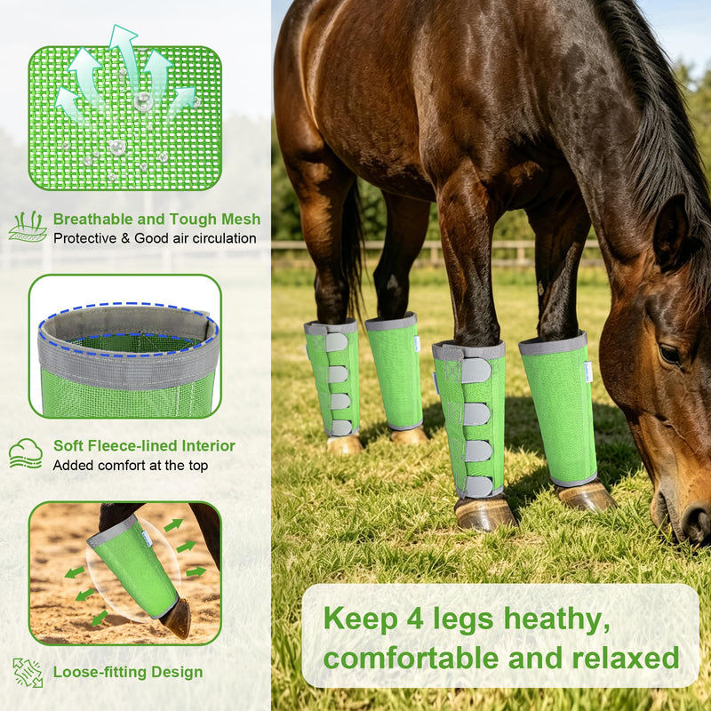 Reflective Horse Fly Boots Set of 4, Breathable Adjustable Equine Fly Leg Wraps for Horses, Universal Fit Loose Fitting Leggings with Stay Put Design (Green) Green