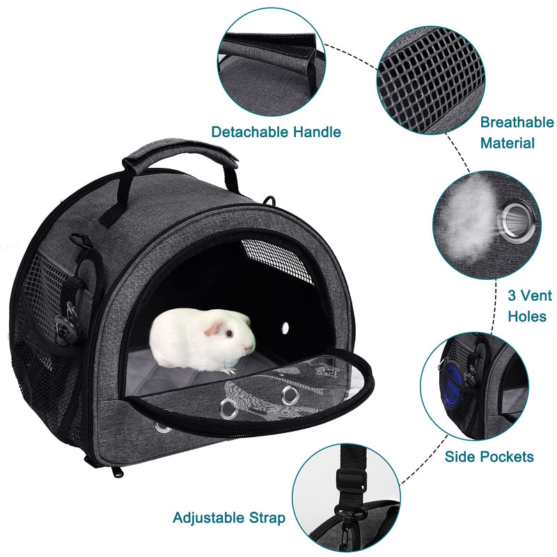 Guinea Pig Carrier, Small Pet Hamster Carrier Bag, Rabbit Bunny Travel Carrier Outdoor Handbag, Breathable Carrier for Small Animals with Water Bottle Holder & Removable Liner (Grey) Grey-Small
