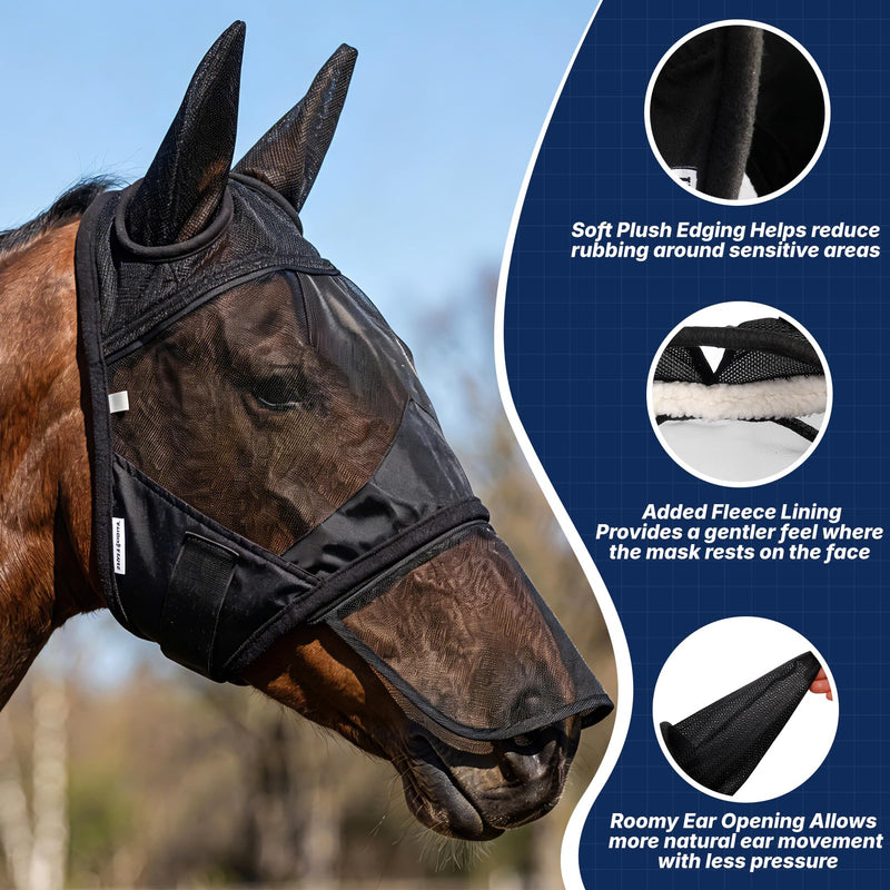 Horse Fly Mask with Ears and Detachable Nose Cover, UV Protection Breathable Mesh Equine Mask for Turnout & Training, Extra-Wide Strap for Sensitive Eyes, Adjustable (Black, L-Horse) BLACK
