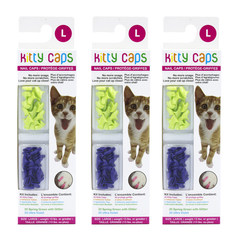 Kitty Caps Nail Caps for Cats | Spring Green with Glitter & Ultra Violet, 40 Count, Medium - 3 Pack | Safe, Stylish & Humane Alternative to Declawing | Stops Snags and Scratches Large (13 lbs or greater) 3-Pack - PawsPlanet Australia