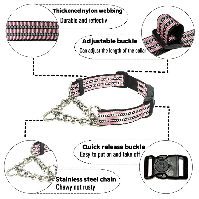 Martingale Dog Collars, Reflective Nylon Collar with Stainless Steel Chain, Adjustable Walking Training Dog Collars with Quick Release Buckle, Suitable for Small Medium Large Dogs(Pink,L) Large-(dog's neck 16~20.5inches) Pink - PawsPlanet Australia