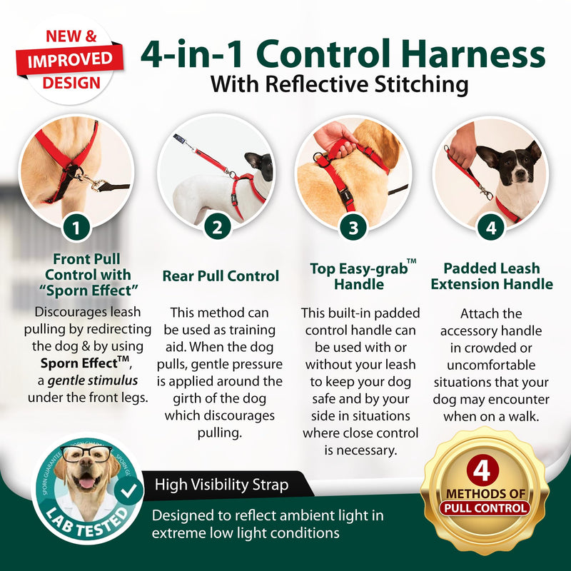 SPORN Ultimate Control No Pull Dog Harness for Medium-Sized Dogs - 4-in-1 Adjustable Dog Harness with Front, Back & Dual-Clip Options & Emergency Grab Handle - Easy On/Off, Padded Comfort (Red, M) Red - PawsPlanet Australia