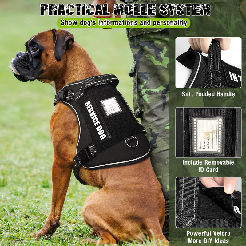 Tactical Dog Harness and Leash Set for Large Dogs,Heavy Duty No Pull Service Dog Vest and 10 Patches with Dog Seat Belt,Reflective Adjustable Pet Harness for Training Walking Hiking Black L - PawsPlanet Australia