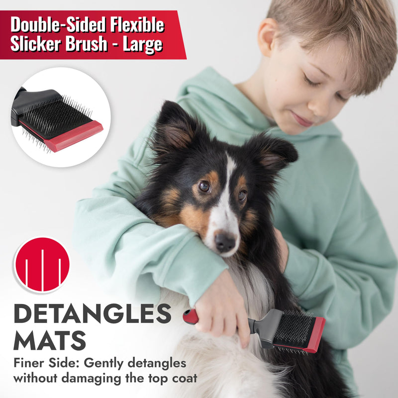 KONG Double-Sided Flexible Slicker Brush – De-Shedding & Detangling Tool, Padded Grip, Long Metal Pins, Flexible Head, for Medium to Large Dogs with Medium to Long Coats, Red/Gray - PawsPlanet Australia