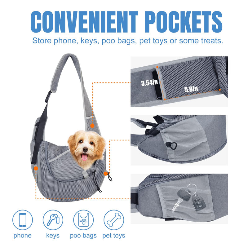 Gloppie Dog Carriers for Small Dogs Puppy Sling Carrier Cat Carry Bag Pet Hands Free Breathable Mesh Adjustable Shoulder Strap Tote Bag Medium Up to 10 lbs, Grey