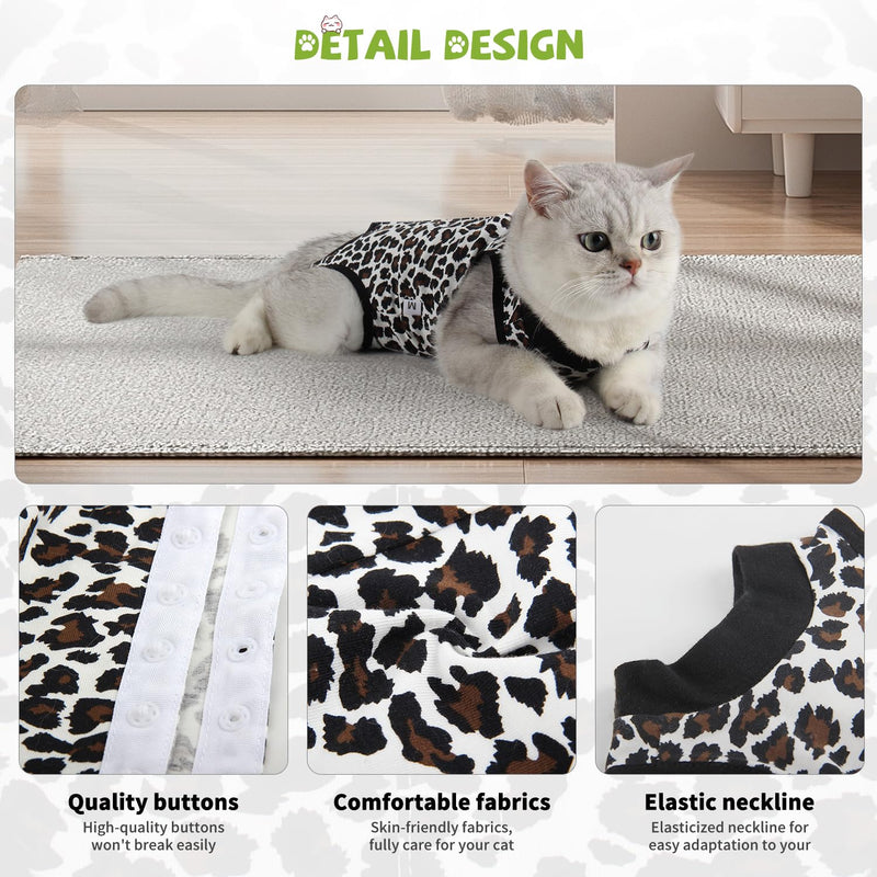 2 Packs Cat Surgery Recovery Suit Surgical Clothes Abdominal Wounds Anti-Licking Cat Bodysuit Onesie Substitute E-Collar& Cone Small Leopard + Pink Love Leopard