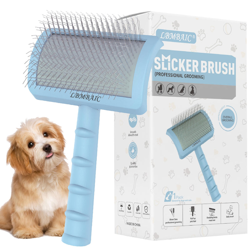 Slicker Brush for Poodles and Goldendoodles - Curved Brush for Thick, Fluffy, Shedding Fur on Dogs and Cats - Soft, Gentle Pins for Grooming (Blue) blue - PawsPlanet Australia