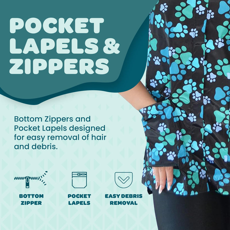 Ladybird Line 701 Blue Paw Print Waterproof Dog Grooming Smock with Pockets, Hair and Bleach Resistant, Covered Zipper Panel, Mesh Back, Adjustable Back Tie Belt, for Pet Grooming and Vet Clinics Small - PawsPlanet Australia