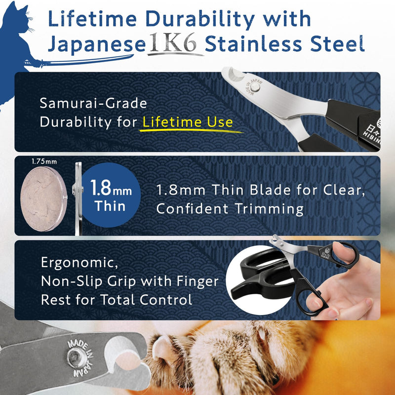 HIBINO Samurai-Grade Cat Nail Clippers | Vet Recommended | Sharper, Quieter & Safer | Precision Blade for Stress-Free Grooming | Non-Slip Grip | Lifetime Durability | Made in Japan Sumi Black - PawsPlanet Australia
