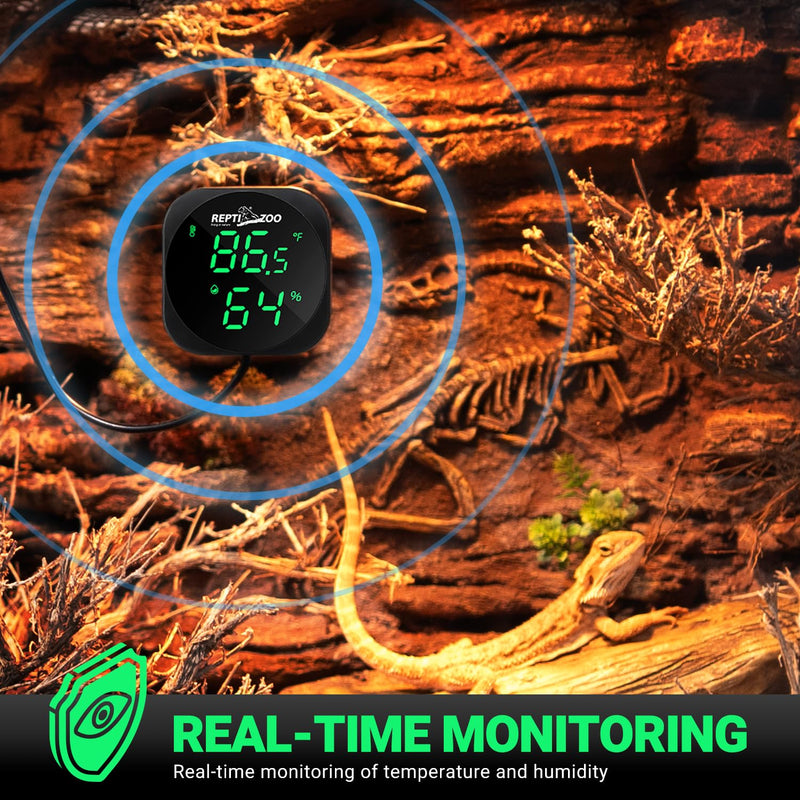 REPTI ZOO Thermometer Hygrometer, LED Digital Thermo Hygrometer for Reptile Terrarium Pet Rearing Box, Reptile Tank Thermometer with 55.2" Cable USB Power Supply Black - PawsPlanet Australia