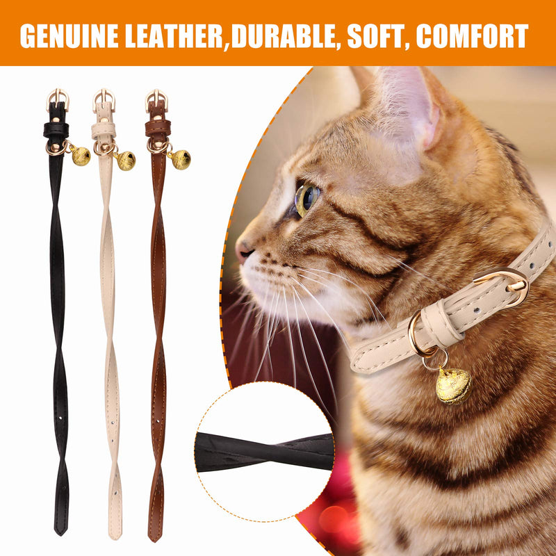 3 Pack Leather Cat Collars with Bells Soft Pet Safety Collar Kitten Collars with Bell Black Chocolate Beige(S) S: 8.6"-10.6" Black+Chocolate+Beige