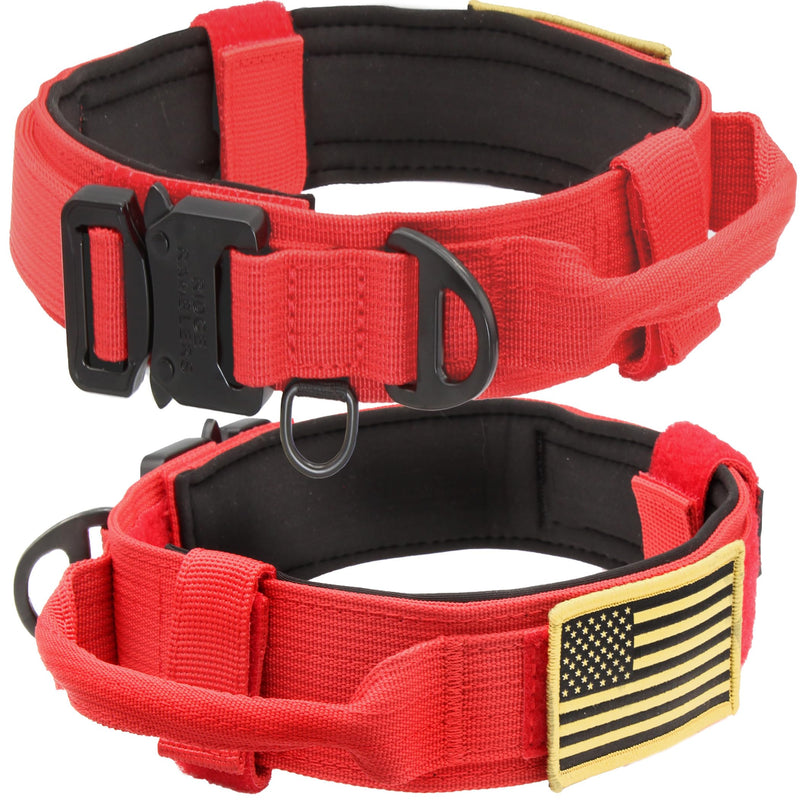 Advanced Red Tactical Dog Collar with Handle - Heavy Duty, Thick Dog Collar Made with Lightweight Metal Hardware and Ultra-soft Neoprene Padding - Military Dog Collar for Medium, Large, X-large Breeds XL (1.5in x 21.0in - 26.0in) Fire Brick Red - PawsPlanet Australia