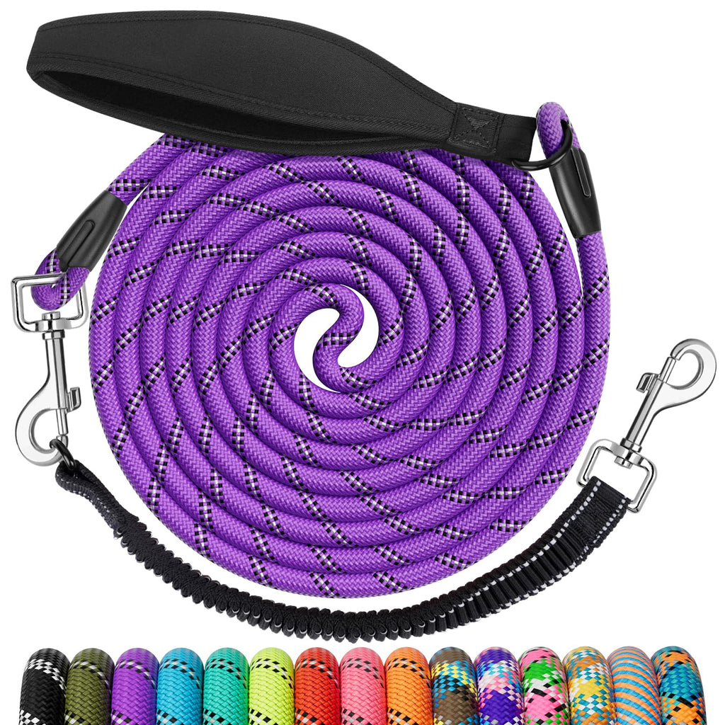 NTR Long Lead, Dog Training Lead with Upgrade Swivel Lockable Hook & Ergonomic Padded Handle, Reflective Bungee Cute Dog Leash, Purple, 10ft*3/8'' 10ft*3/8"