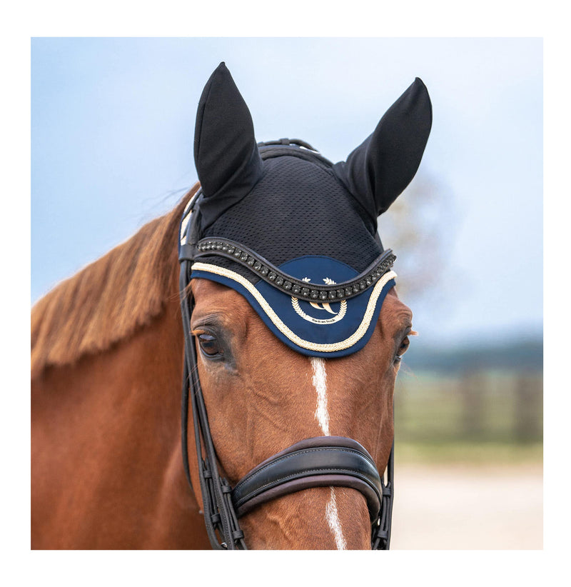 BACK ON TRACK Nights Collection Breathable Mesh Elastic Protective Horse Fly Bonnet with Welltex Technology, Blue Nights, Full - PawsPlanet Australia