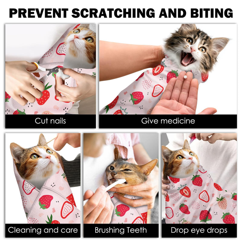 27.6"Cat Grooming Wrap, Self Adhesive Cat Wrap for Cutting Nails, Anti-Escape Cat Swaddle Wrap for Medicine Ear Cleaning, Strawberry Anti-Scratch Cats Burrito Restraint Blanket, Pet Tool (6-10 lbs) - PawsPlanet Australia