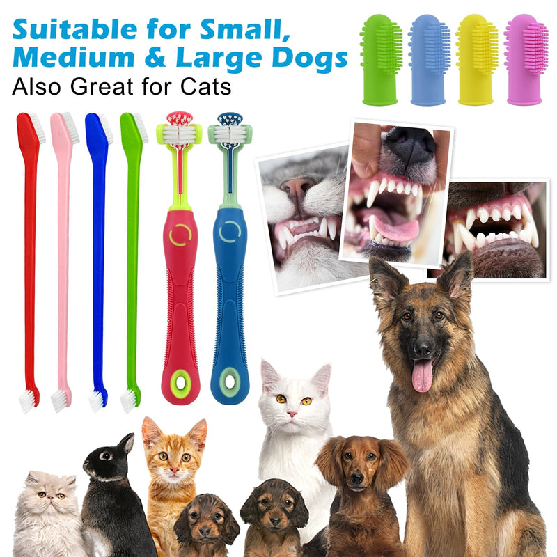 Dog Toothbrush Set, 10 Pieces, for Dogs and Cats, 2 Pieces 3-Head Dog Toothbrushes, 4 Double Heads, 4 Finger Toothbrushes, 360° Cleaning, for Small and Large Dogs, Families with Multiple Pets