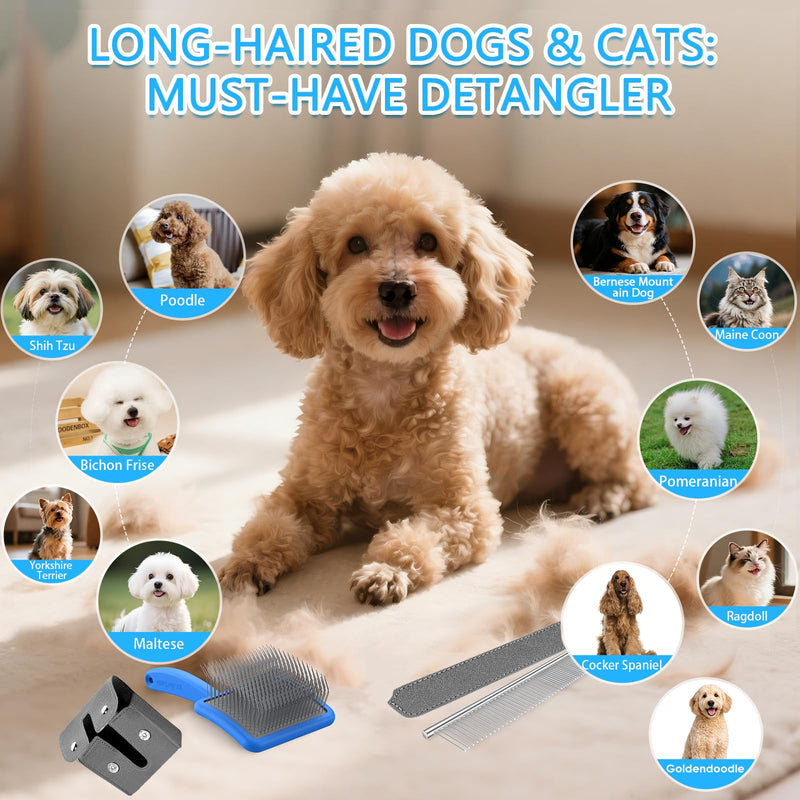 Large Dog Slicker Brush Set for Poodles & Goldendoodles - Extra Long Pin Slicker Brush with Wooden Handle for Long Haired Dogs & Cats - Dematting Tool with Leather Case (2 Piece Kit). Blue - PawsPlanet Australia