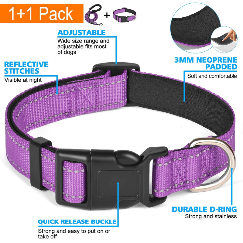 Reflective Dog Collar Padded with Soft Neoprene Breathable Adjustable Nylon Dog Collars for Small Medium Large Dogs (Small (Pack of 1), Purple Collar+Leash) Small (Pack of 1) - PawsPlanet Australia