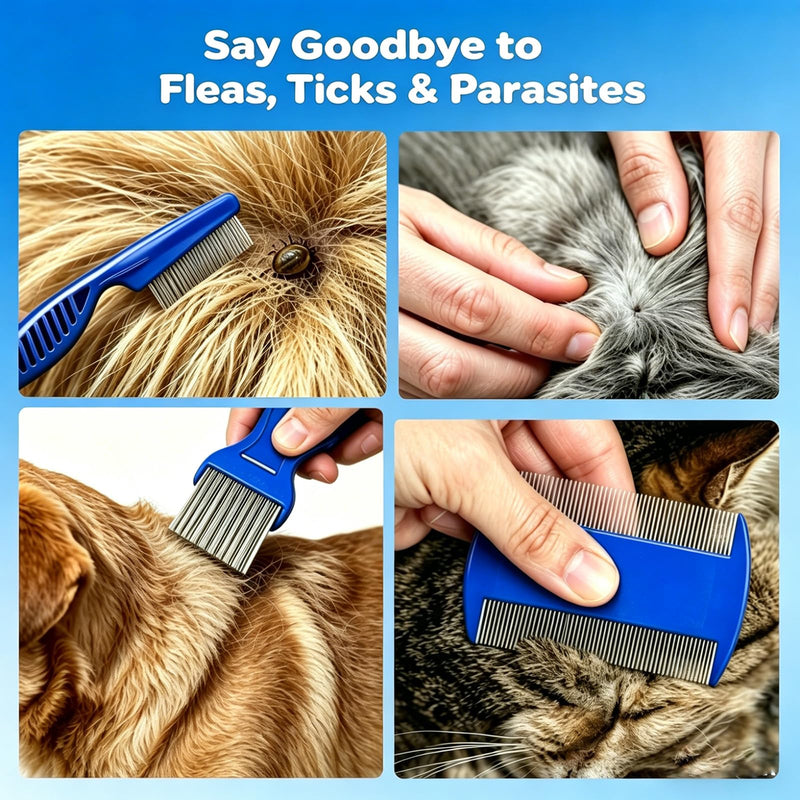 7 Pack Flea Comb, Stainless Steel Pet Professional Double Sided Tear Stain Remover, Dog Cat Grooming Combs with Rounded Tooth, Dematting Tool for All Types of Small, Medium, Large Pets