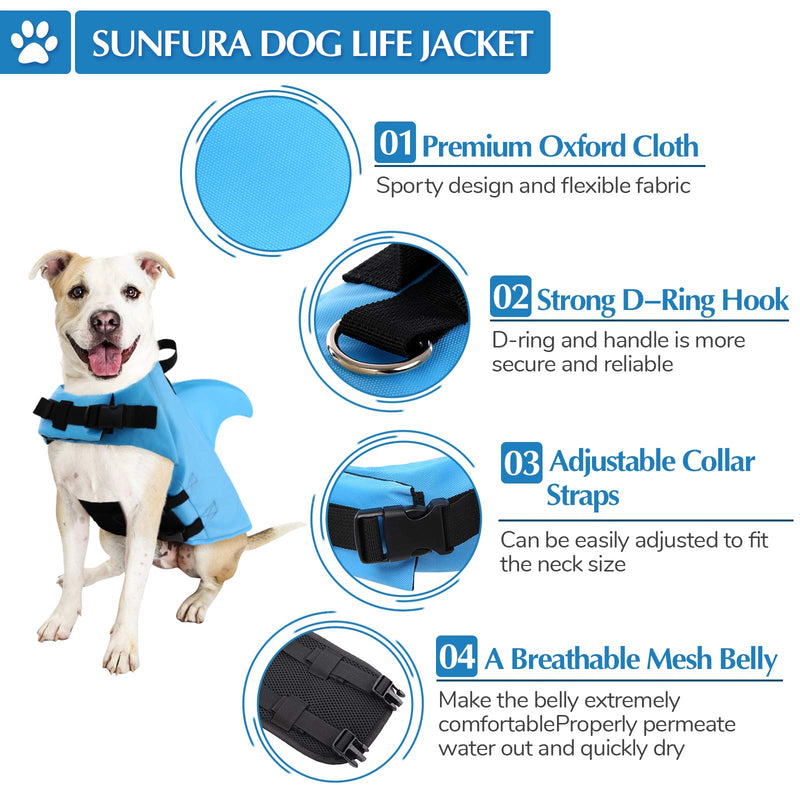 SUNFURA Shark Life Jacket for Dogs, Reflective Dog Life Vest for Swimming Boating Pool, High Flotation Dog Safety Swimsuit Adjustable Pet Life Preserver for Small Medium Dogs, Blue L Large - PawsPlanet Australia