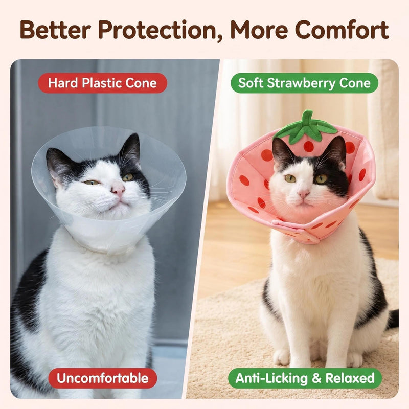 Cosiesnest Adjustable Elizabethan Cat Cone Collar to Stop Licking After Surgery Cat Recovery Collar Soft Cone, Waterproof Design with Folding Edges for Cats and Kittens - Strawberry (S)
