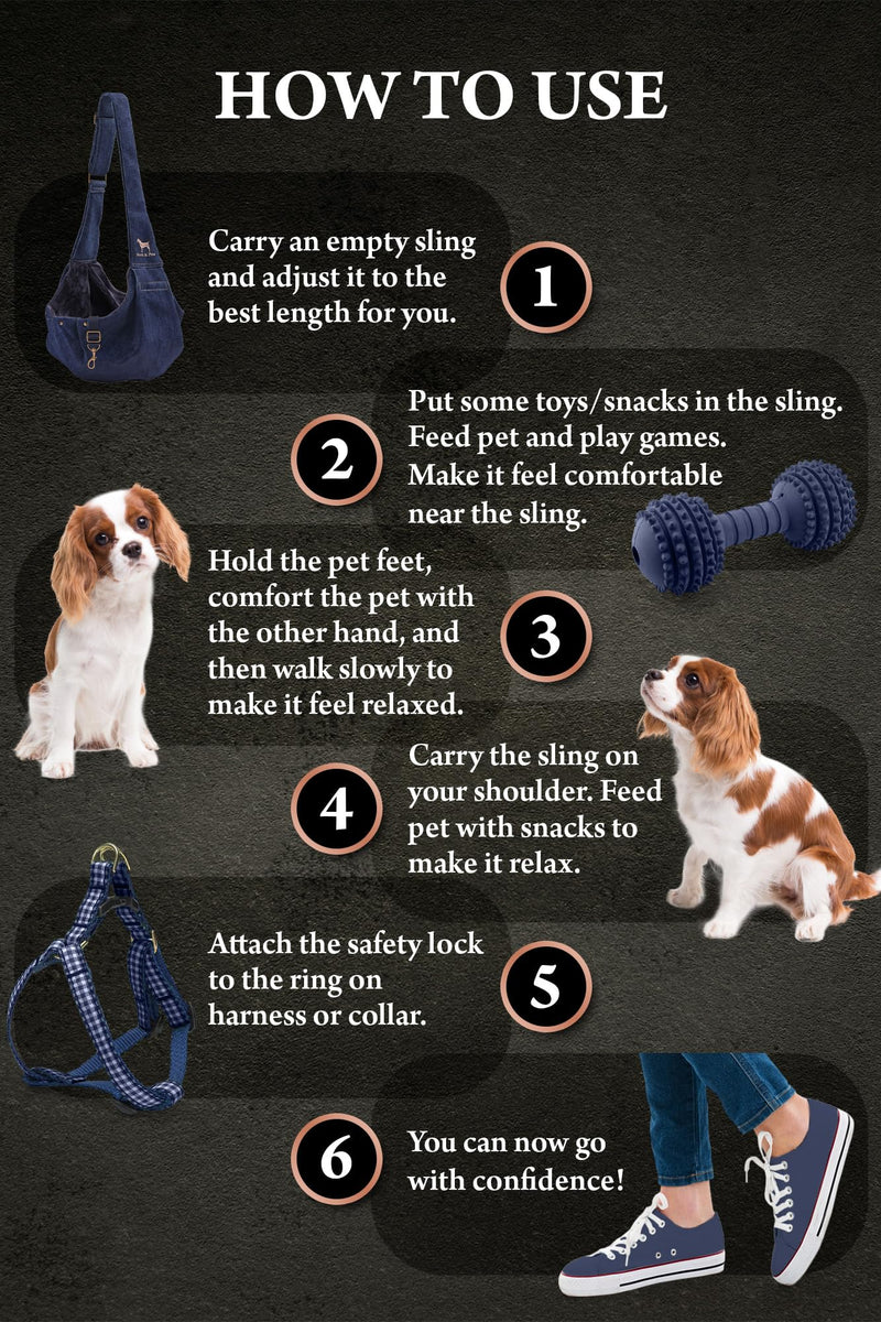 Noah & Paw Dog Sling Carrier for Small Dogs 5-18lb, Dog Sling for Small Dogs and Cats, Dog Carrier with Adjustable Padded Strap, Premium Denim, Lined with Fur, Double Safety Feature, Machine Washable Dark Blue 18.0"L x 10.0"W x 6.5"H - PawsPlanet Australia